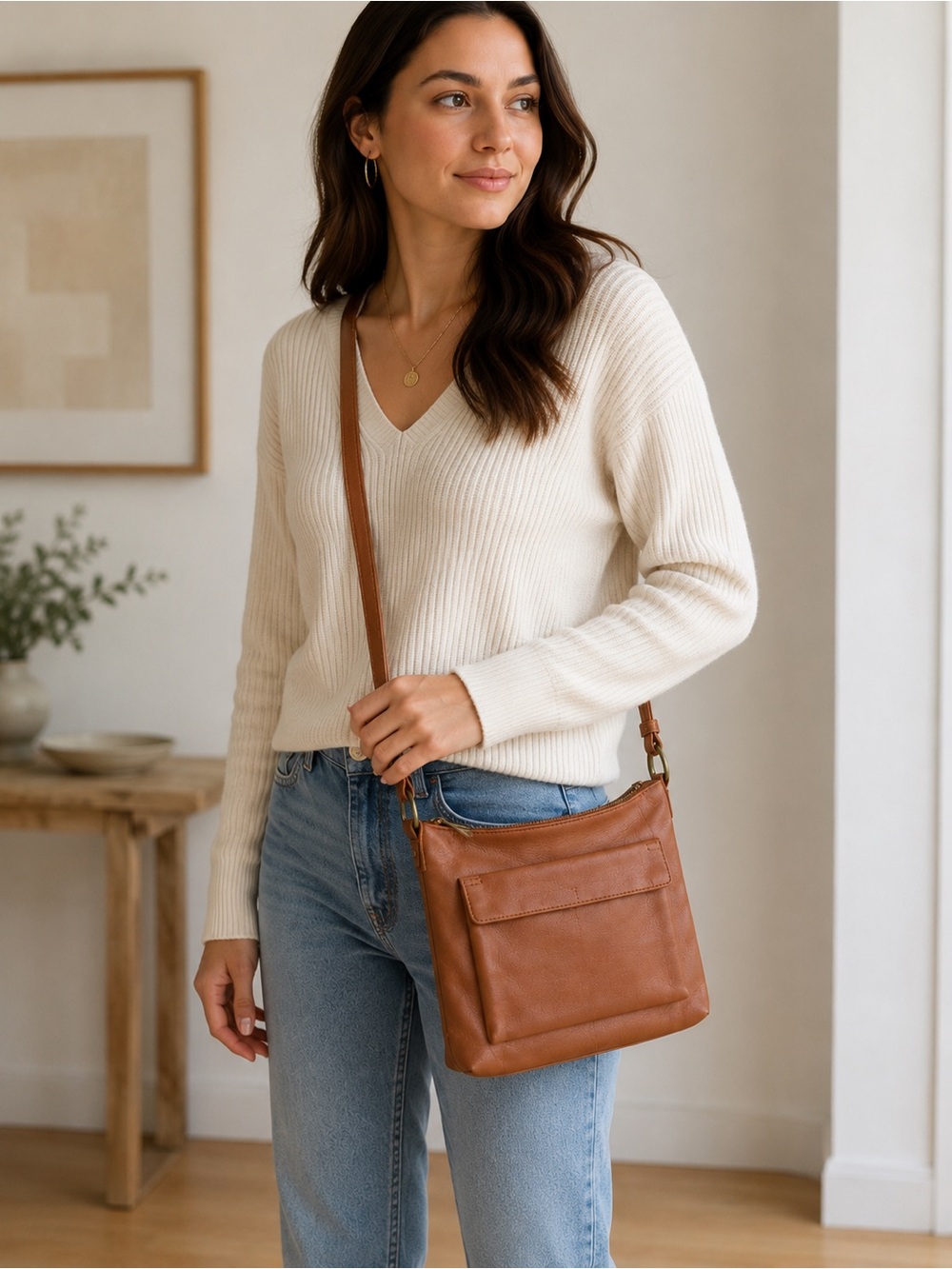 Cognac Brown Crossbody Purse with Front Pocket & Adjustable Strap